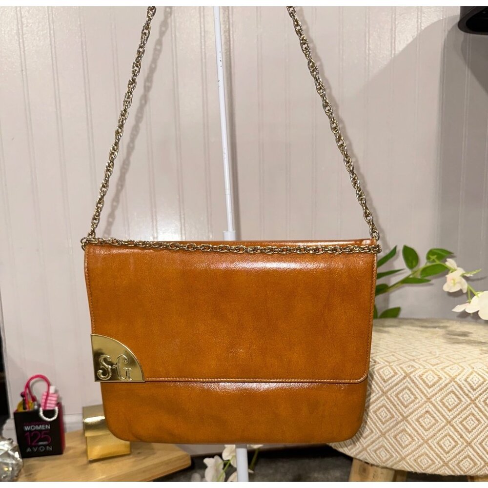 Vintage S.G. Brown Leather Chain Shoulder Bag With Gold-Tone Accent